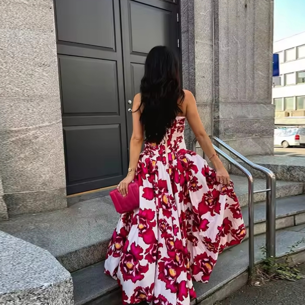Elegant Puff Printed Tube Long Dresses Women Retro Pleated Slit Sleeveless Solid - Picture 3 of 7